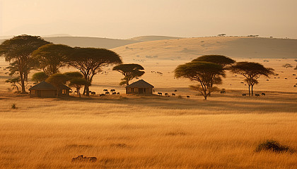 Sweeping savannah landscapes with distinctive acacia trees and grassy plains.