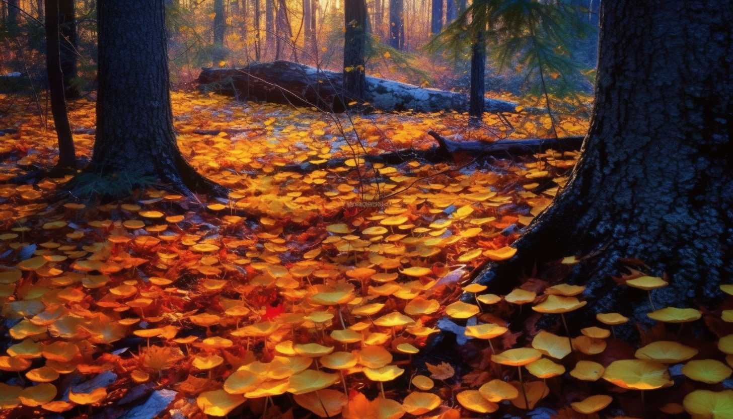 Brilliantly colored autumn leaves blanketing a forest floor.