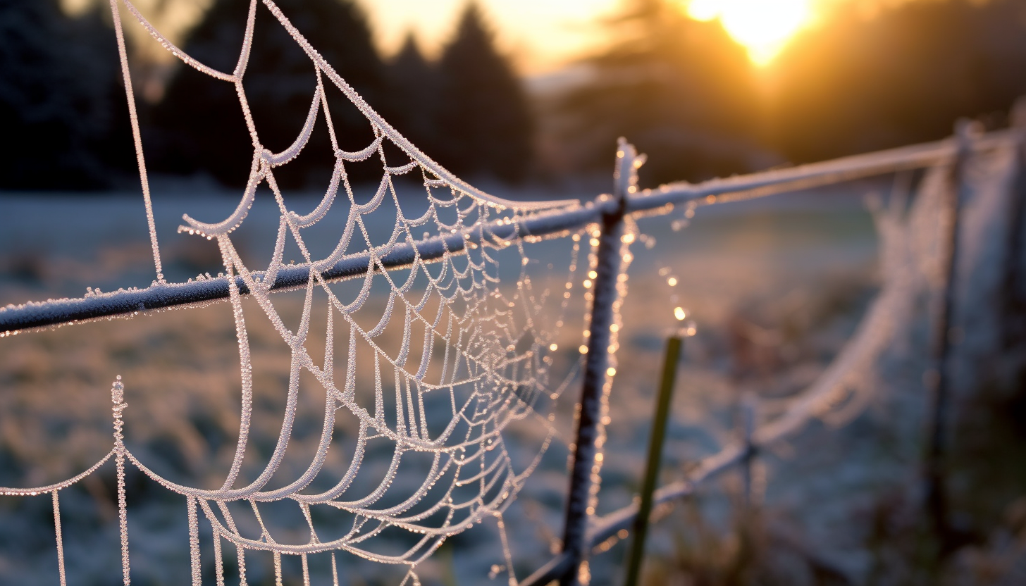 Glittering frost covering delicate spiderwebs on a cold morning.