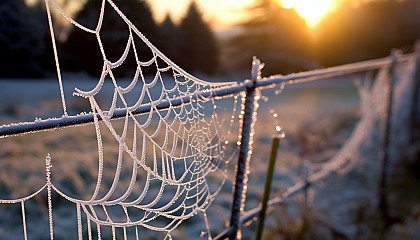 Glittering frost covering delicate spiderwebs on a cold morning.