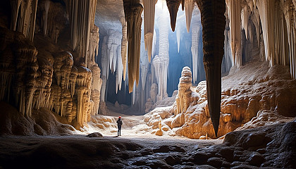 Mysterious stalactites and stalagmites inside an ancient cave.