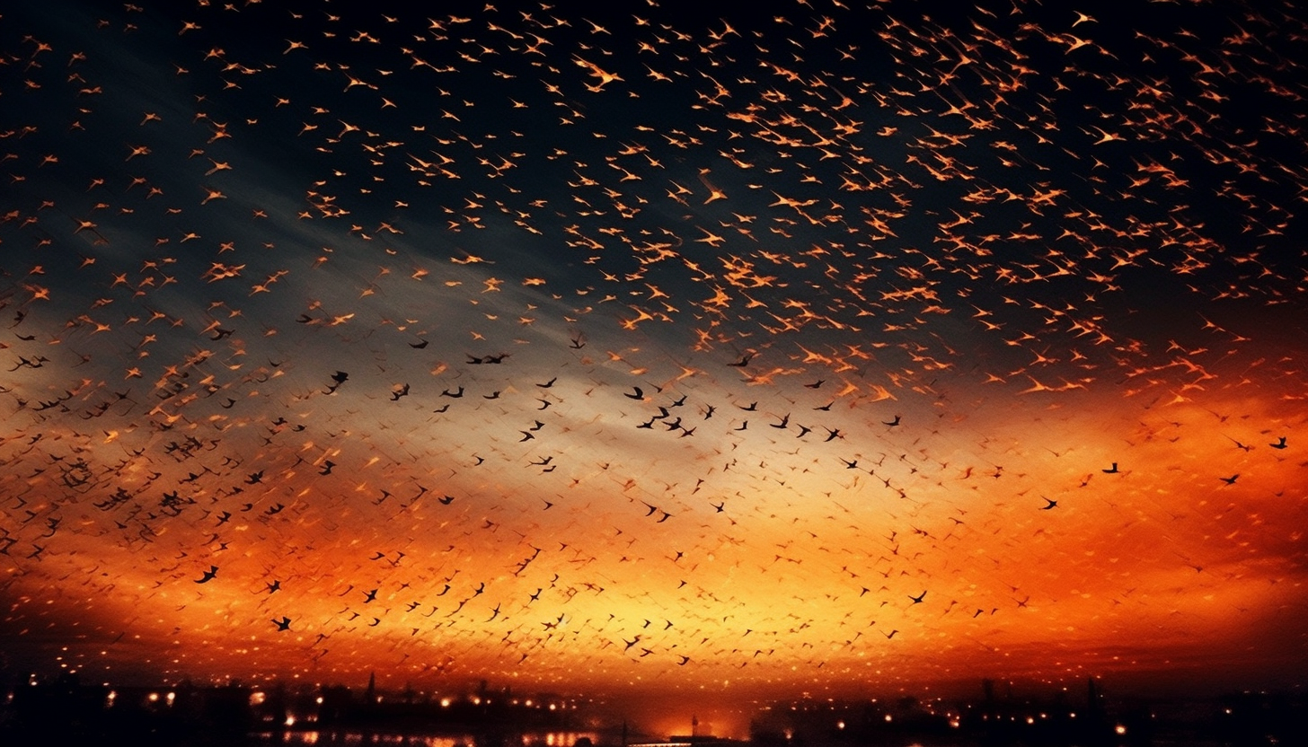 A murmuration of starlings creating patterns in the evening sky.