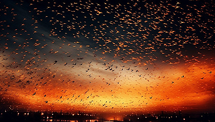 A murmuration of starlings creating patterns in the evening sky.