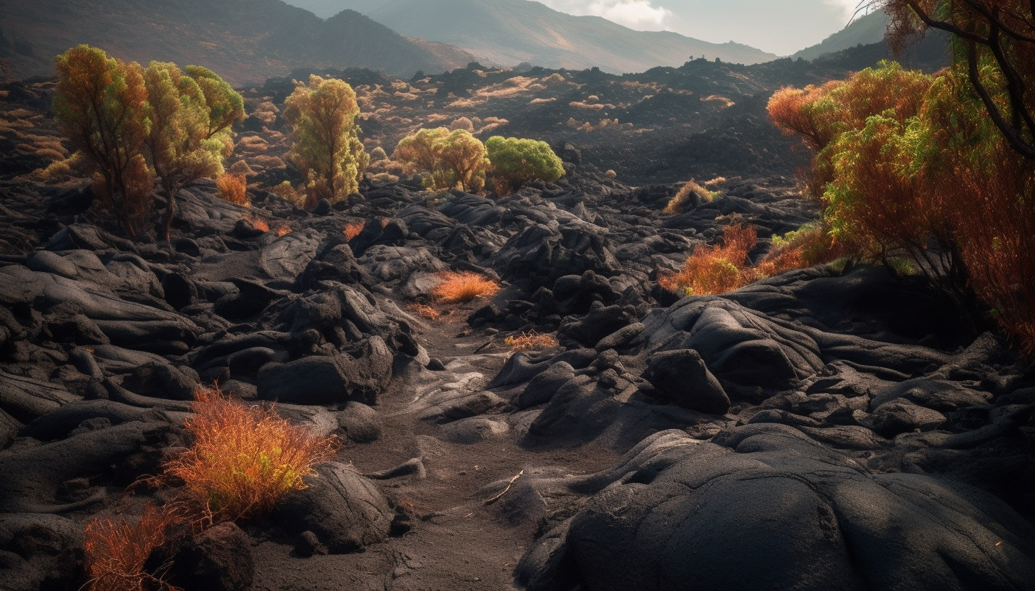 Volcanic landscapes with dramatic lava flows and rugged terrain.