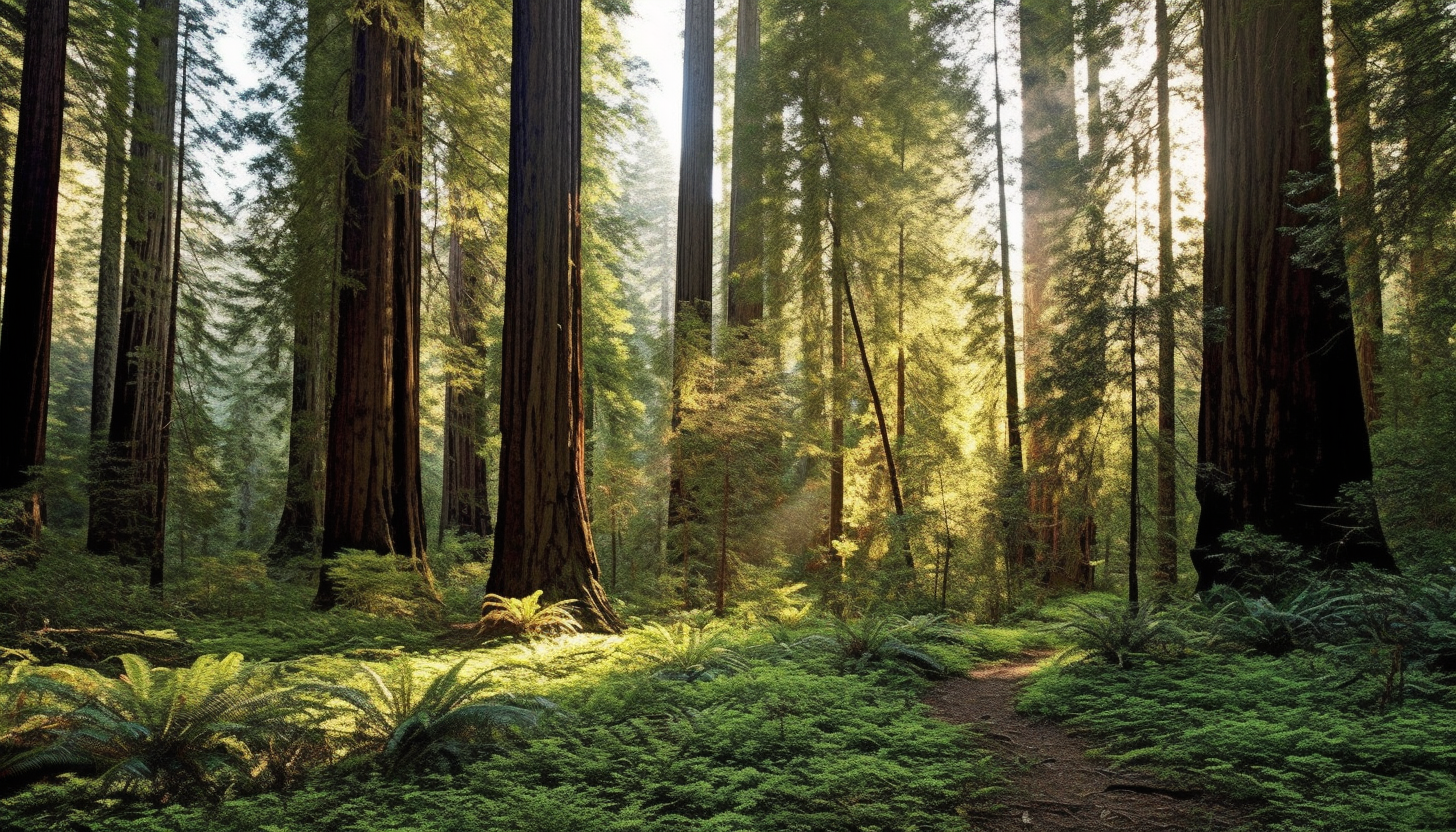 Majestic redwood trees towering in a forest grove.