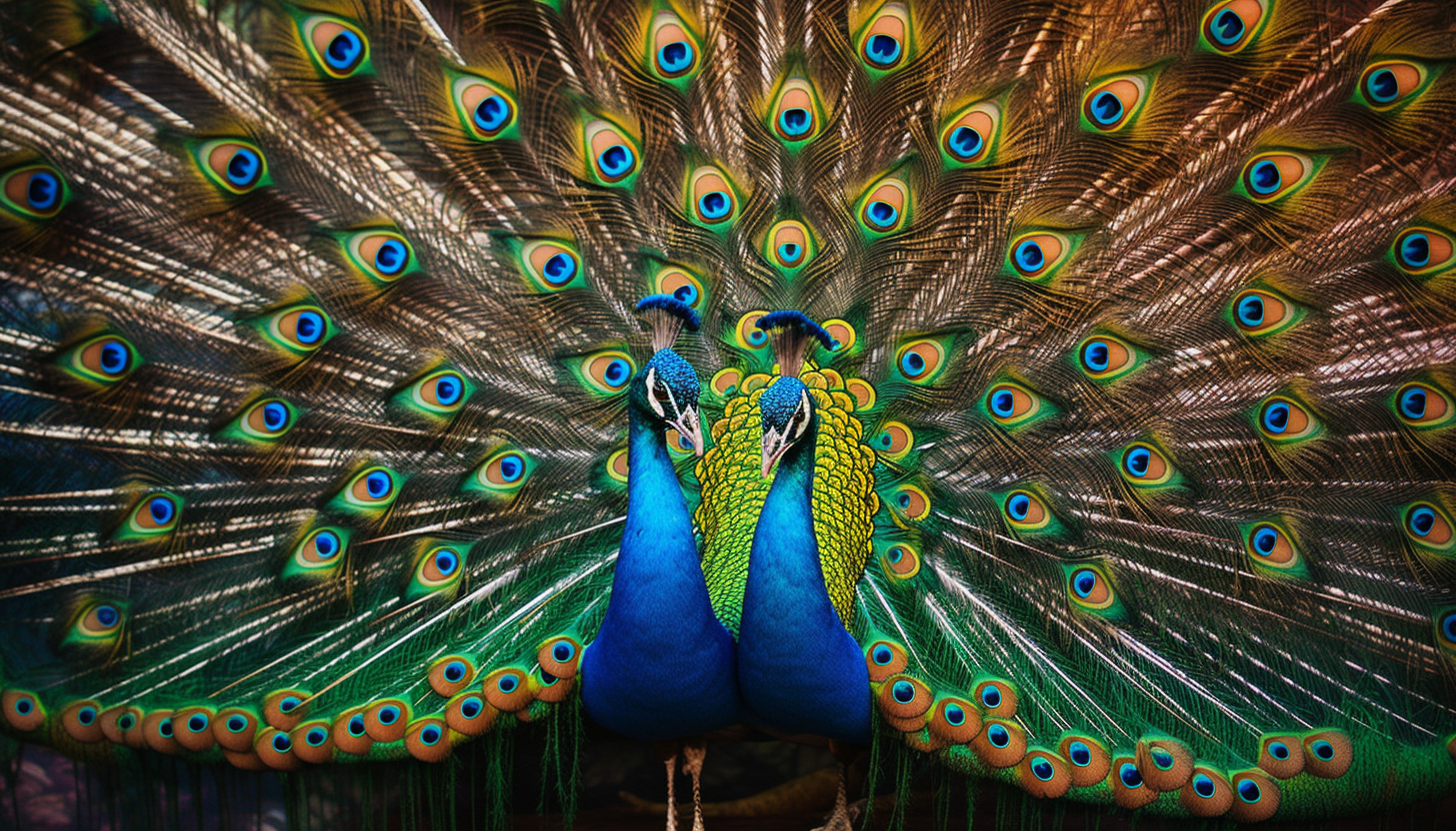 Vibrant peacock feathers displayed in a courtship dance.