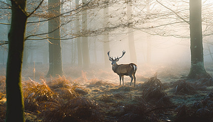 A wild deer appearing from the mist in a quiet, frosty morning.