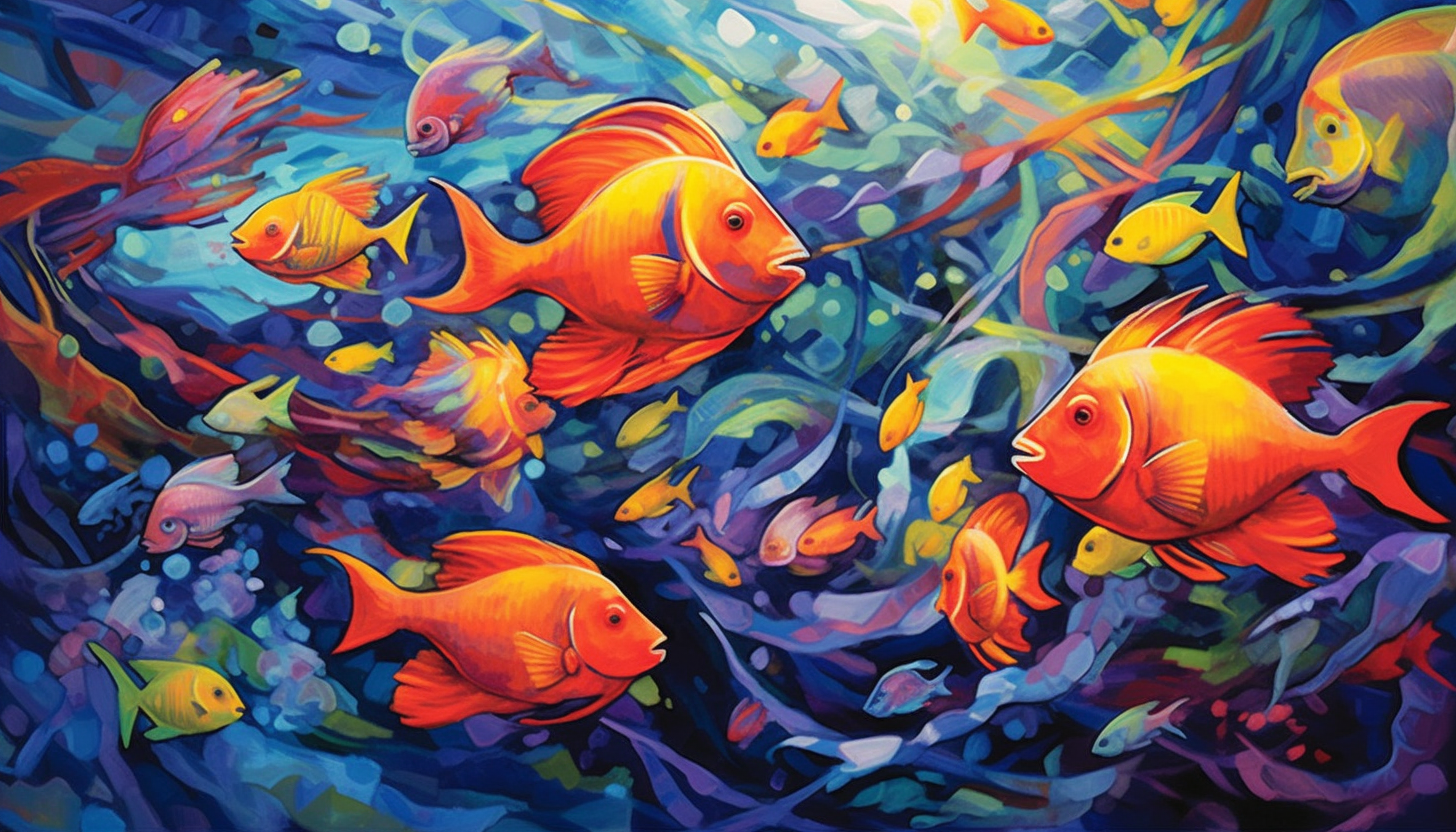 A school of radiant, tropical fish darting through a coral reef.
