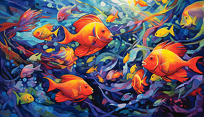 A school of radiant, tropical fish darting through a coral reef.