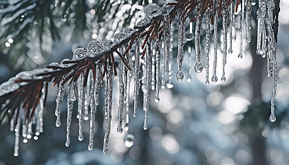 Crystalline icicles hanging from a snow-covered pine.