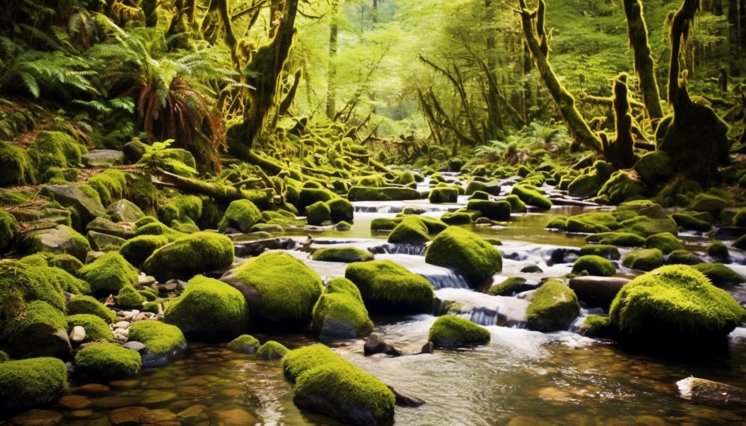 Mossy stones lining a babbling brook in the heart of a forest.