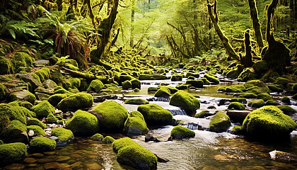 Mossy stones lining a babbling brook in the heart of a forest.