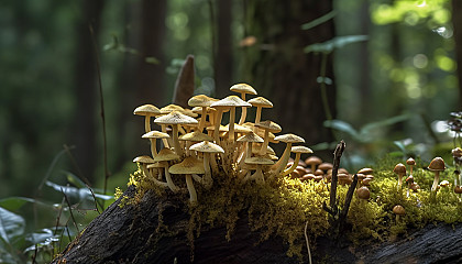 Mushroom clusters growing on an old tree stump in a dense forest.