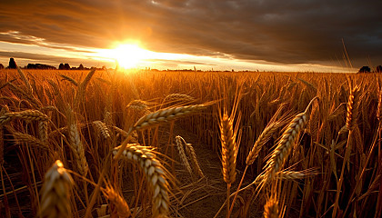 The glow of a setting sun against a field of ripe wheat.