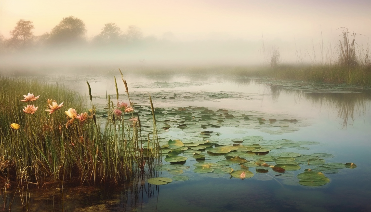 A misty marshland teeming with reeds and water lilies.