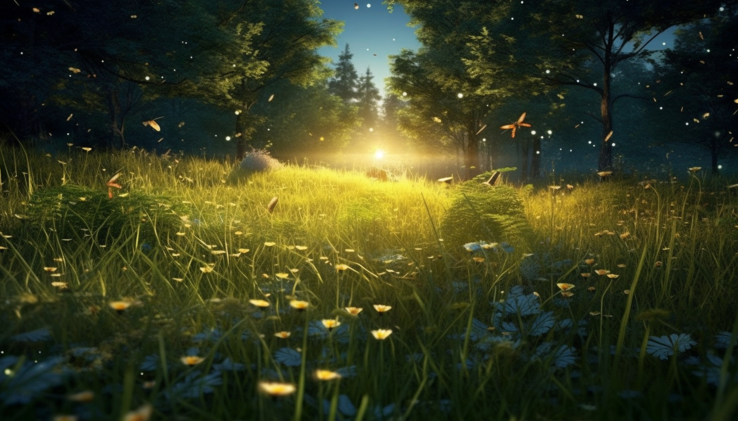 Fireflies glowing in a lush, summer meadow at dusk.