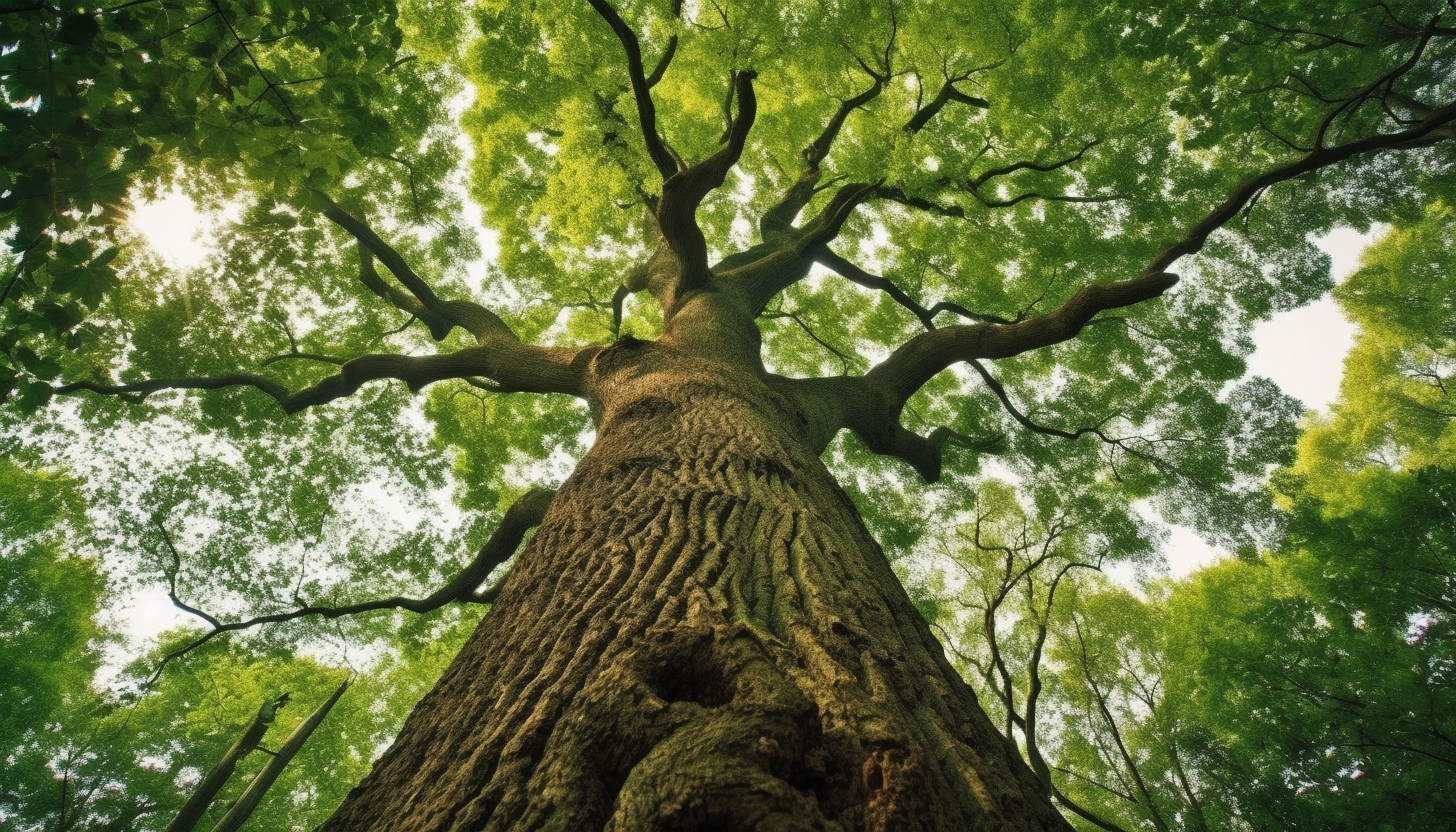 A squirrel's eye view of a towering oak tree.