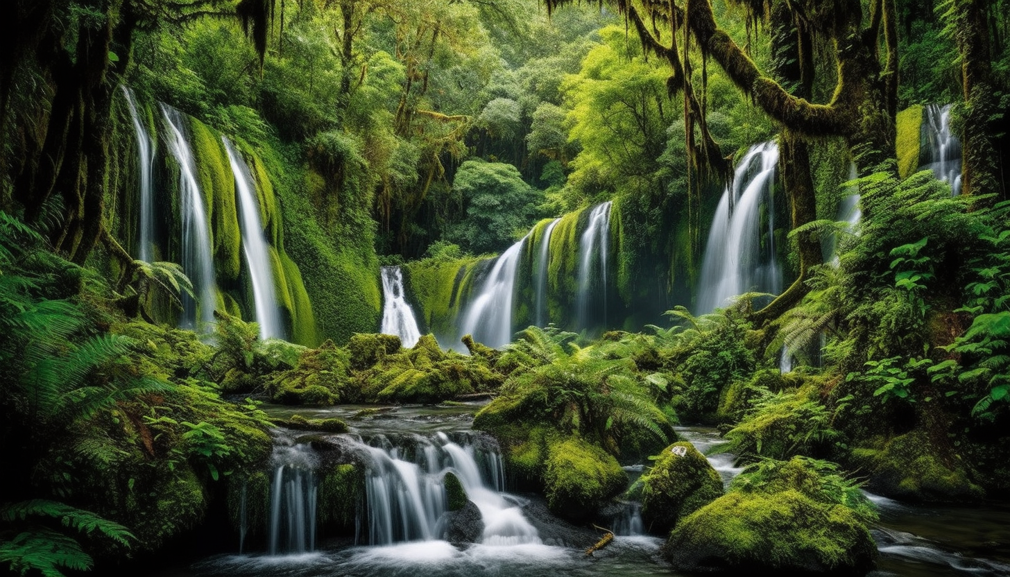 Serene waterfalls cascading through lush greenery.