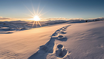 Footprints leading the way through a pristine snowfield.