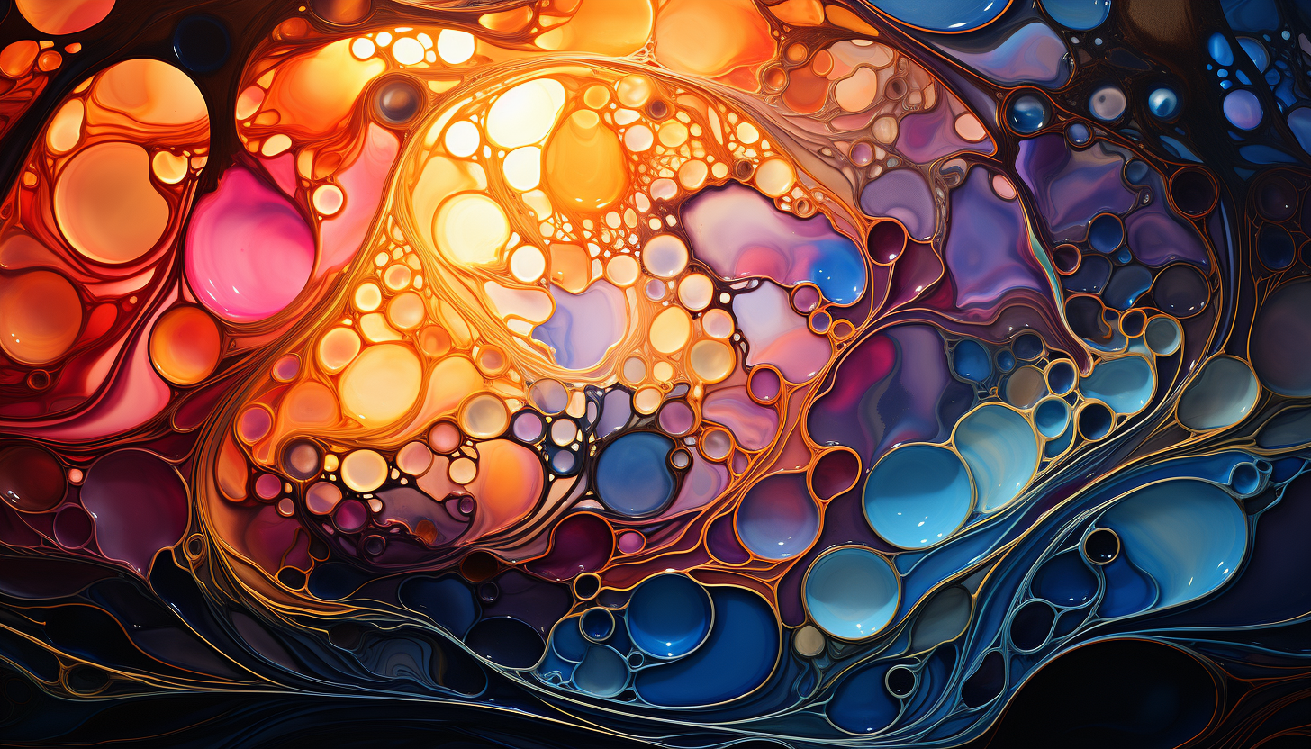 An abstract pattern of swirling colors, resembling an oil slick or soap bubble.