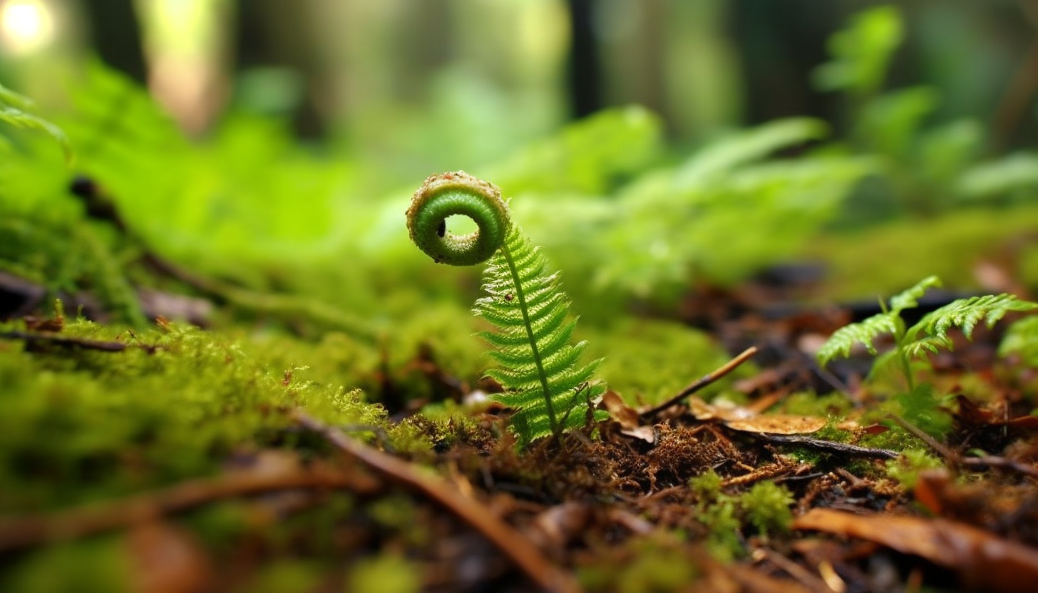 A delicate fern unrolling a young frond in a forest.