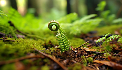 A delicate fern unrolling a young frond in a forest.