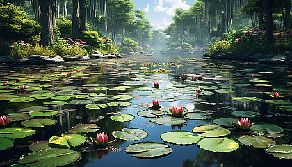 A secluded pond covered in vibrant water lilies.