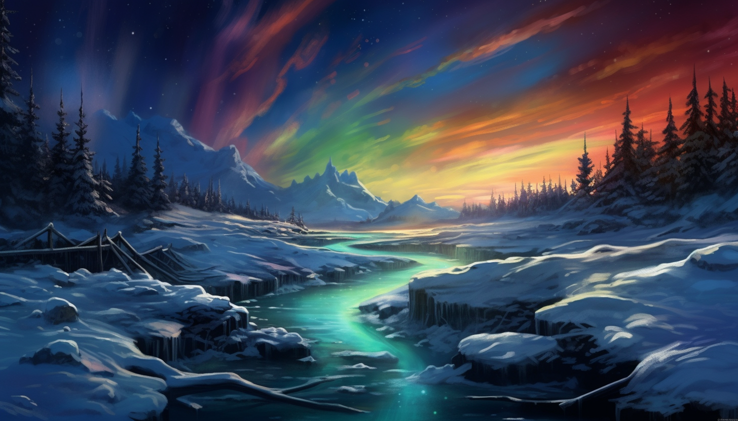 Icy tundra under the glow of the ethereal northern lights.