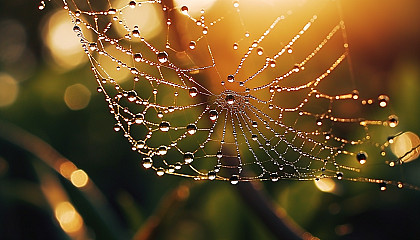 Dew drops glistening on a cobweb in the morning light.