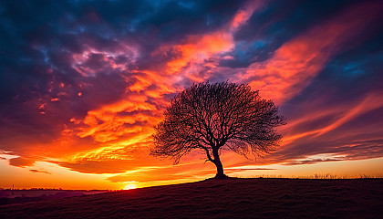 The silhouette of a single tree against a fiery sunset.