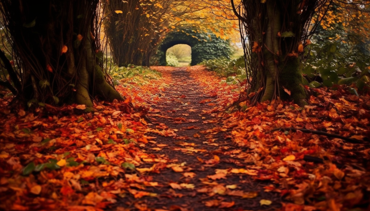 A leafy path carpeted with fallen autumn leaves.