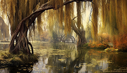 A grove of weeping willows by a tranquil pond.