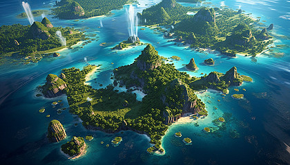 An archipelago of lush, tropical islands surrounded by clear waters.