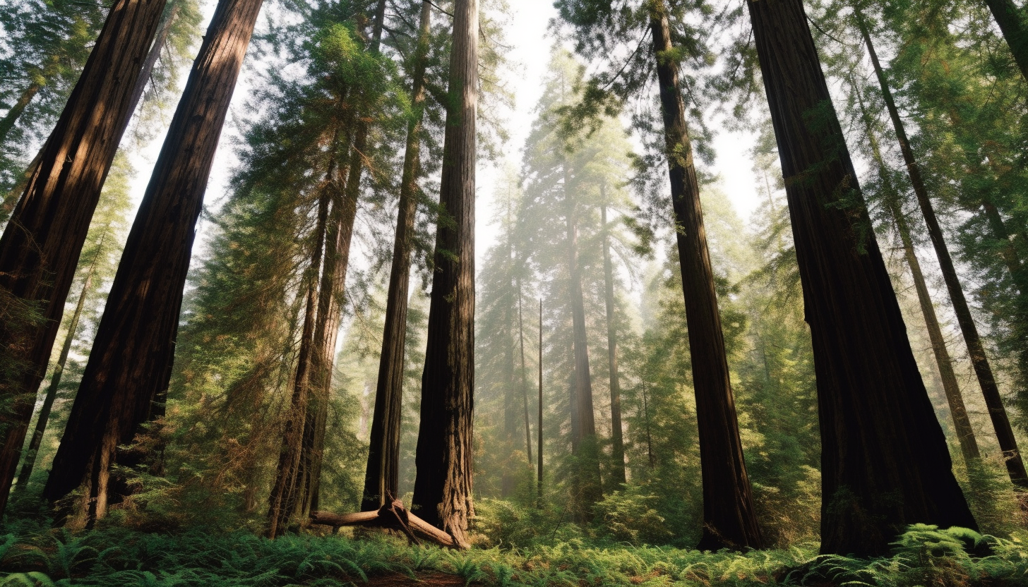 A grove of ancient redwood trees towering towards the sky.