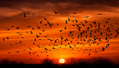 Flocks of migrating birds silhouetted against a sunset.