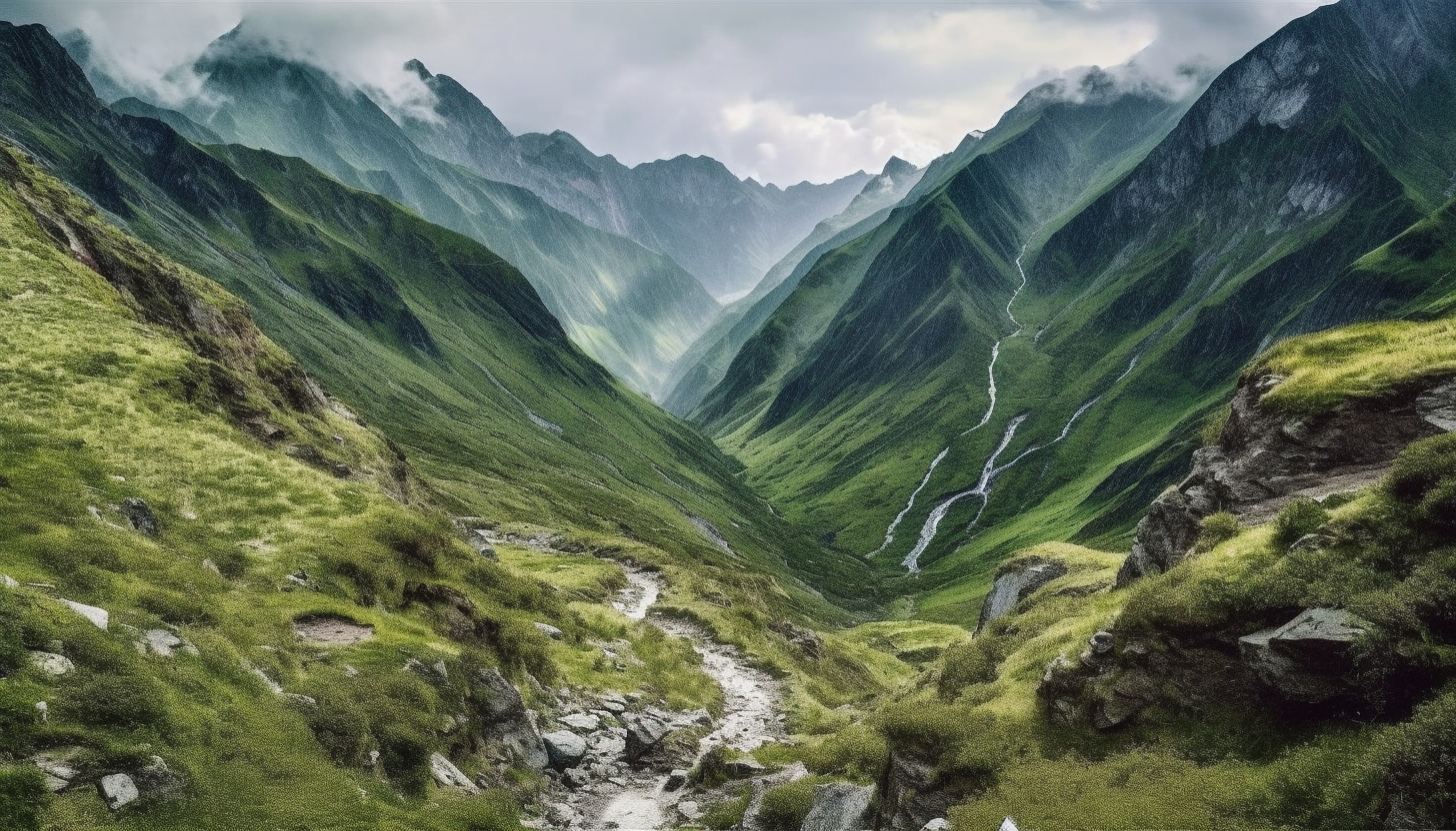 A narrow trail winding up a mountainous terrain.