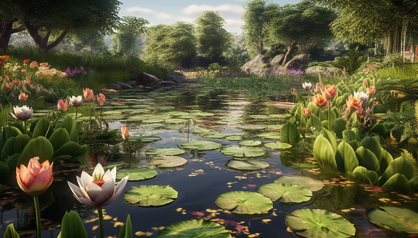 A tranquil lily pond dotted with blooming flowers.