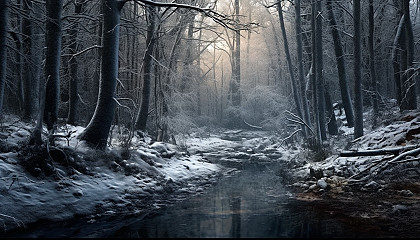 A silent snowfall over a tranquil forest.