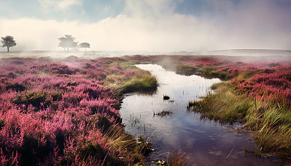 A misty moor with heather in bloom, stretching to the horizon.