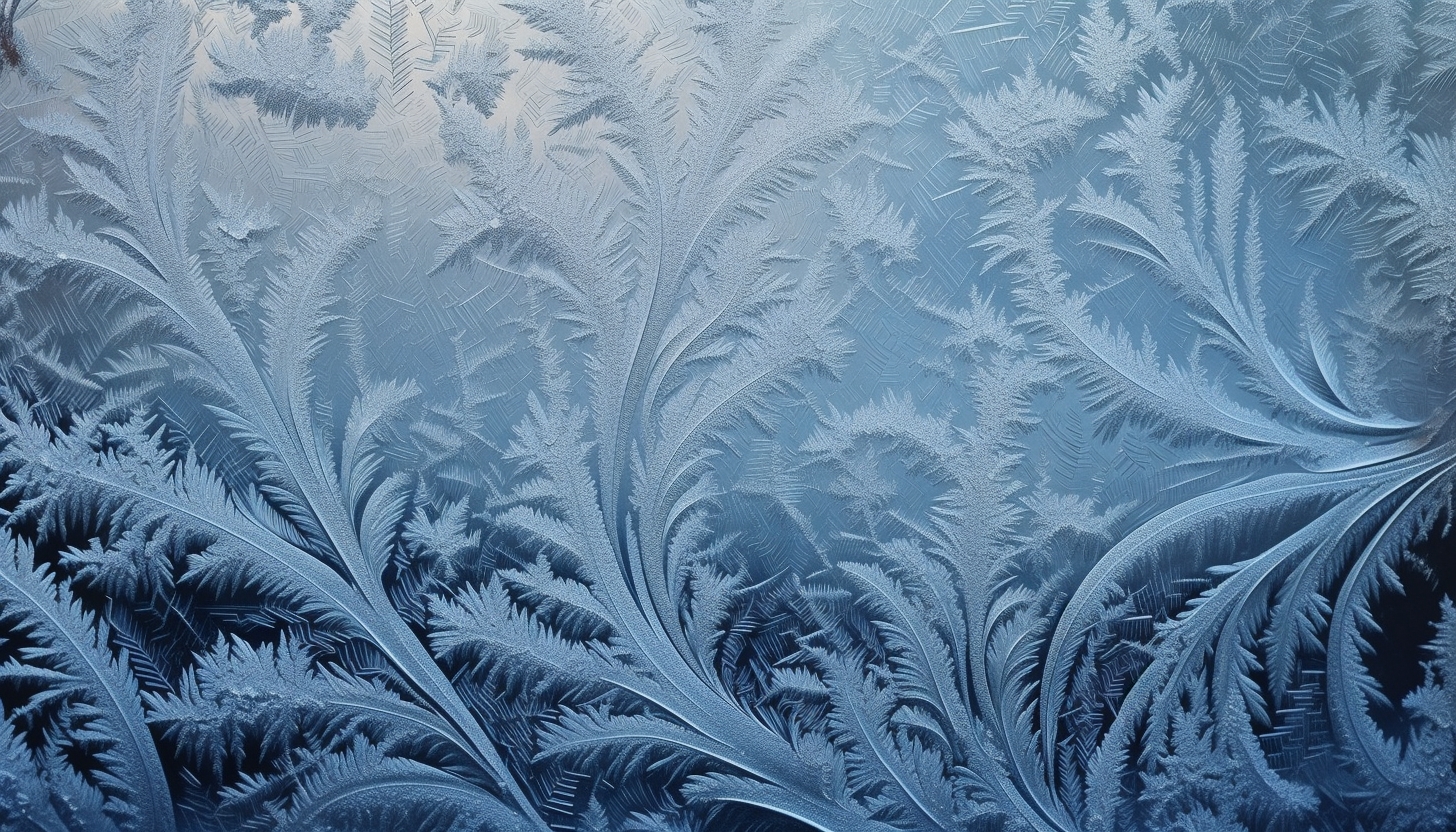 Delicate frost patterns on a window during a chilly morning.