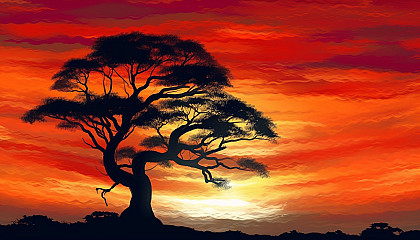 Silhouette of a tree against a vibrant sunset.