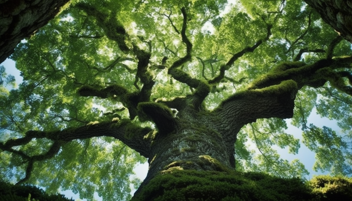 A squirrel's eye view of a towering oak tree.