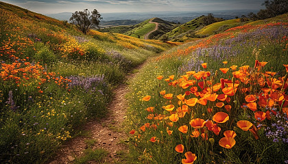 Rolling hills with fields of vibrant wildflowers in bloom.