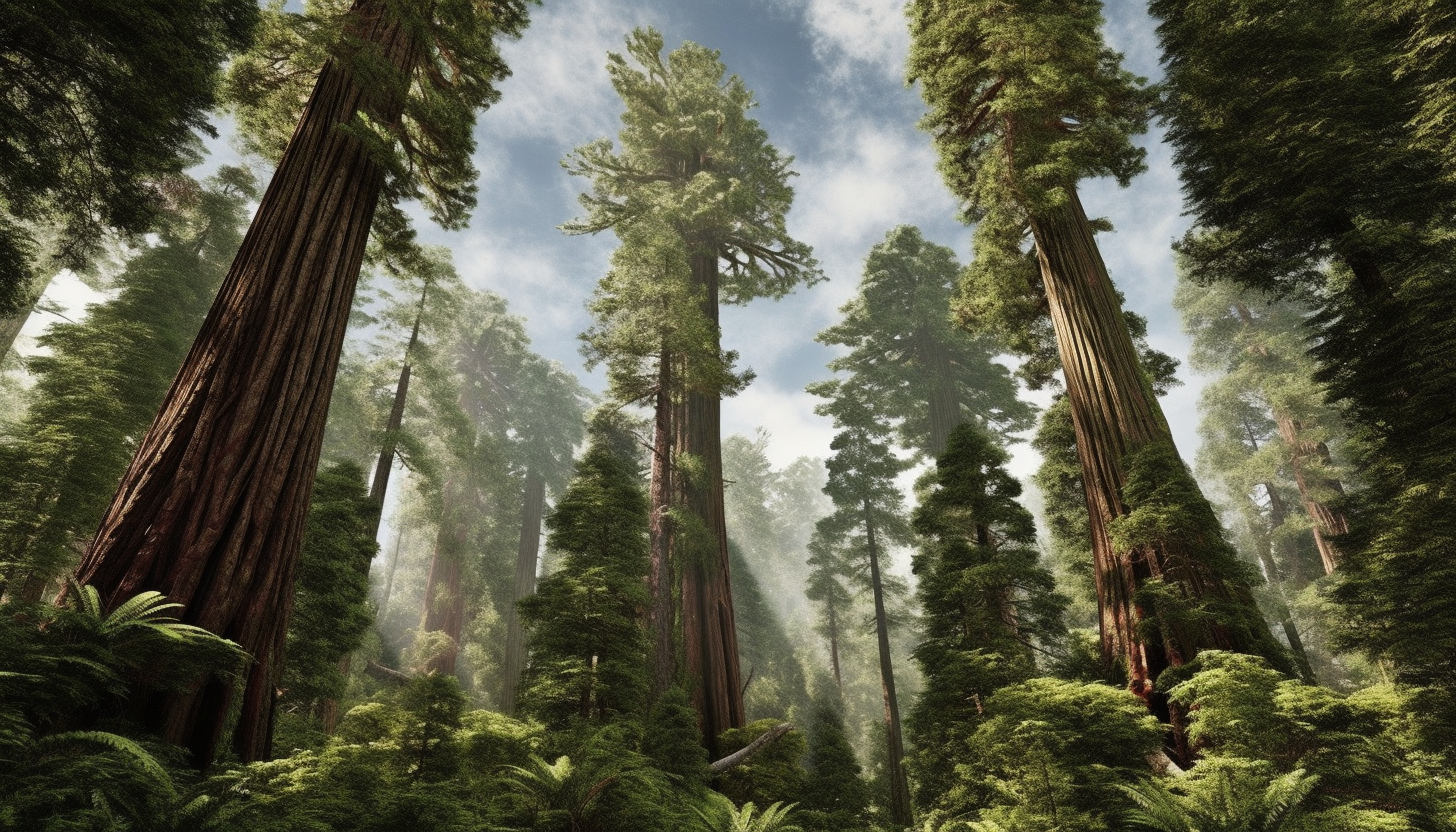 A grove of ancient redwood trees towering towards the sky.