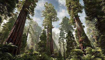 A grove of ancient redwood trees towering towards the sky.