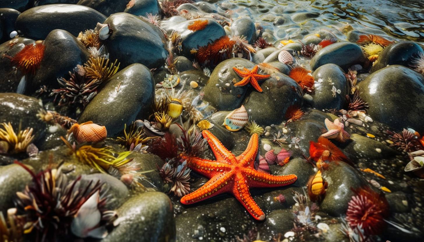 A colony of vibrant starfish on a rocky seashore.