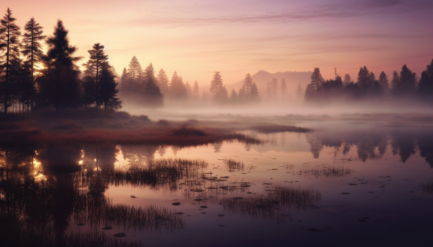 Mist rising from a serene lake at dawn.