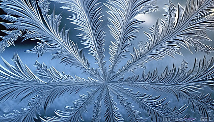 Frost patterns forming intricate designs on a winter window.