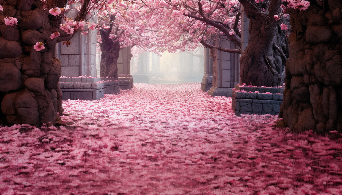 A pathway covered in cherry blossom petals.