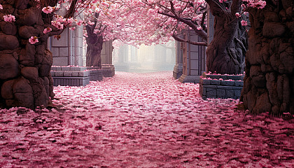 A pathway covered in cherry blossom petals.